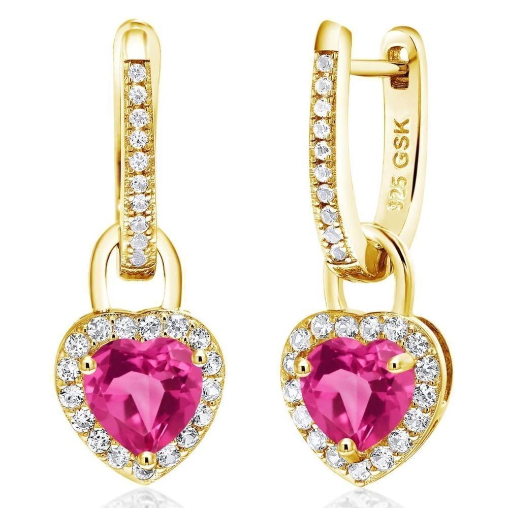18K Yellow Gold 925 2.10 Cttw Pink Sapphire and White Sapphire Heart Earrings